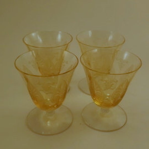 Vintage Stemware, Depression Glass Goblet, Yellow Etched Glass with Clear Stems, Fostoria Trojan Topaz, 3 1/2'', 4 Pieces, flea bites