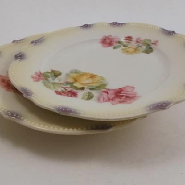 Vintage China, Small Plates, Off White China with Scalloped Beaded Edge, Purple Edges with Pink and Yellow Roses, PK Silesia, 2 Pieces