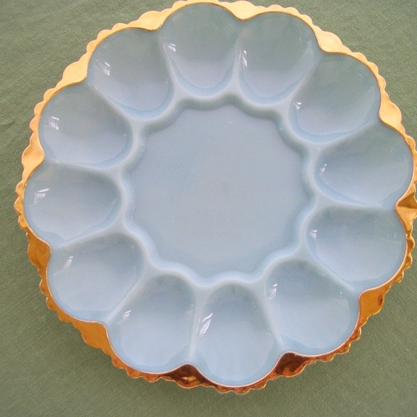 Vintage Blue Milk Glass Plate Deviled Egg Plate Serving Plate