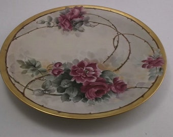 Vintage Hand Painted Plate, Heavy Gold Edge, Blush China with Purple Roses, Sage Green Leaves and Thorns, Signed