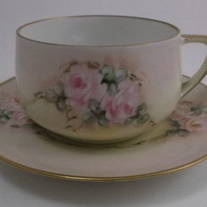Vintage Tea Cup and Saucer, Hand Painted China Tea Cup, Pale Pink with Cream, Pink Roses, Gold Accents, M+Z Austria