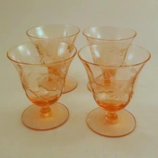 Vintage Goblets, Pink Depression Glass Stemware, Pink Footed Glasses, Paneled with a Cut/Etched Pattern, 4 Pieces, 3 1/2'' tall