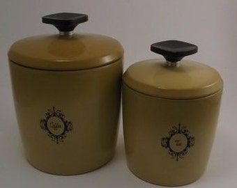 Vintage Canisters, Aluminum Harvest Gold Hombre, West Bend Coffee and Tea Canisters, Square Plastic Knobs, 2 Pieces, see details for flaws