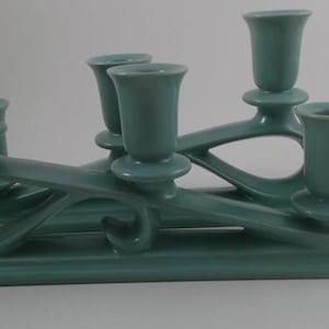 Vintage Candle Holder Pair, USA Pottery in Aqua Blue/Green, 3 Candle Holders on each, MCM Candle Holders, 12 1/2” base, chip on cancel cup