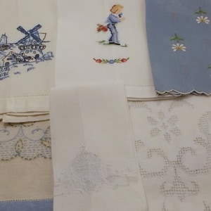 Vintage Towels, Guest Towels, Fingertip Towels, Tea Towels, Assorted Towels in Blues, 6 Pieces