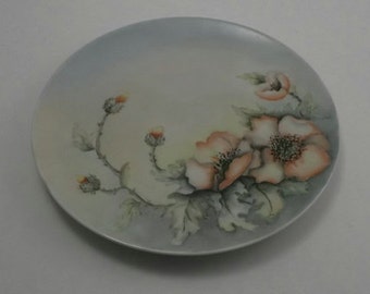 Vintage China Plate, Cream China with Blue Border, Coral Poppies, Bavaria Germany