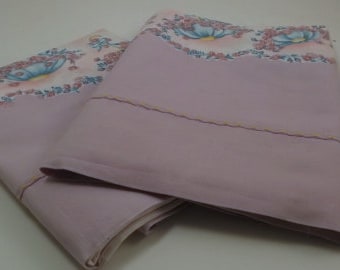 Vintage Pillowcase Pair, Feedsack Cotton Border Print, White with Lavender Border and Pink and Aqua Flowers, 33 1/2'' x 19'', 2 Pieces