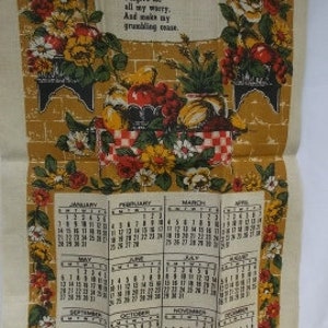 Vintage Dish Towel, Beige Linen with Gold Fruit and Flowers, Calendar Towel, 1973 Towel, 27x16