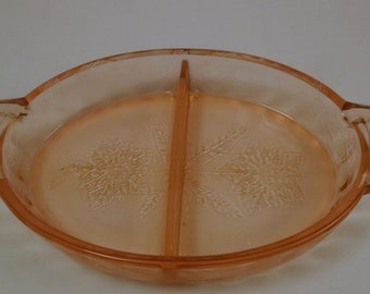 Vintage Glass Serving Bowl, Pink Depression Glass, Divided Relish Dish, Jeanette Poinsettia, 6.5'' x 4.75'', scuff inside tiny tic on rim