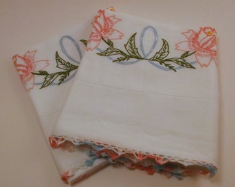 Vintage Pillowcase Pair, Lightweight White Cotton with Embroidered Flowers and Ribbon, Blue and Pink Crochet Edge, 32.5''x19'', 2 Pieces