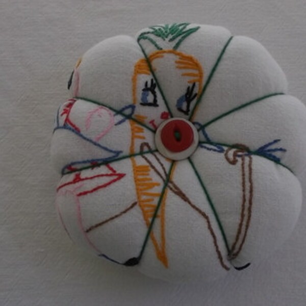Handmade Pin Cushion-Vintage Fabric and Vintage Button Accents-Free Shipping