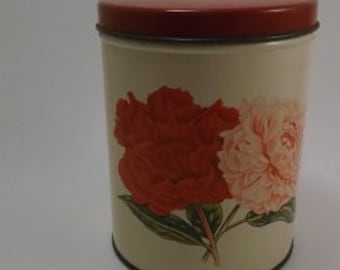 Vintage Canister, Litho with Red and Pink Flowers, Small Tin Kitchen Canister, 5 1/4'' tall, some rust and paint loss