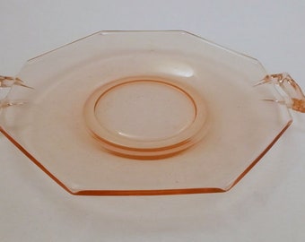 Vintage Plate, Pink Depression Glass Small Serving Plate, Octagonal Pink Glass Plate with 2 Handles