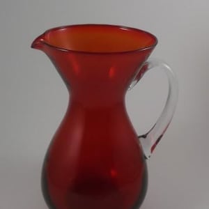 Vintage Pitcher, Red Glass Serving Pitcher with Clear Handle, MCM Pitcher, Cocktail Serving Pitcher, 9&#39;&#39; tall