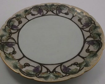 Vintage China Plate, White China with Tan Border, Grapes and Vines Detail, Scalloped Edge, Gold Accents, France