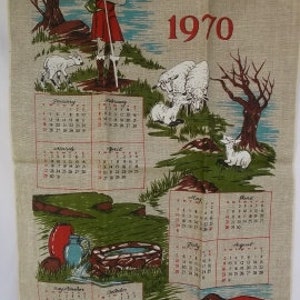 Vintage Dish Towel, Beige Linen with The Lord is My Shepherd, Calendar Towel, 1970 Towel, 27.5x17, small stain