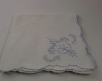 Vintage Napkins, White Cotton with Light Blue Embroidery and Cut Work Napkins, Scalloped Edge, 3 Napkins