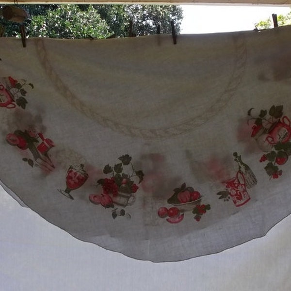 Vintage Tablecloth, Printed Linen Tablecloth, Off White Linen with Dark Pink Fruit and Kitchen Scenes, Tan Border, 68'' Round