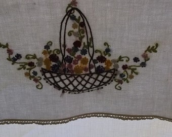 Vintage Runner or Dresser Scarf, Cream Linen, Taupe Crochet Ends, Brown Basket of Flowers Crewel Embroidery