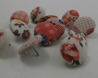 Handmade Push Pins Thumb Tacks, Vintage Feedsack Fabric Covered Buttons Push Pins, 12 Piece Assortment, 7/8''