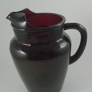 Vintage Pitcher, Deep Ruby Red Glass Serving Pitcher with Ice Lip, 8 1/2” tallest point