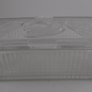 Vintage Refrigerator Dish, Clear Glass Refrigerator Dish, Ribbed with Vegetables on the Top, 8 1/4 x 4 x 3, tiny rough spot on lid