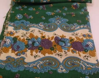 Vintage Fabric, Remnant, Green Linen Border Print with Purple, Turquoise and Gold Border, Linen Fabric, 43''x35''