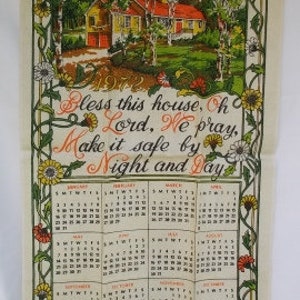 Vintage Dish Towel, Wheat Linen with Bless This House, Calendar Towel, 1970 Towel, 28x16, discolor along top