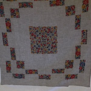 Vintage Tablecloth, Printed Linen Tablecloth, Off White Linen with Bright Multicolored Floral Print Blocks, 2 Selvage Edges, 53x50
