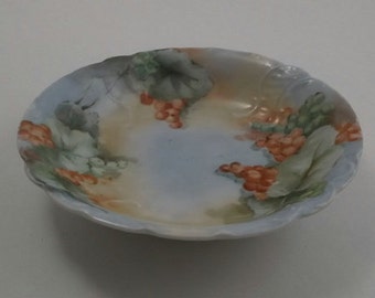 Vintage China Bowl, Small Bowl, Hand Painted China Bowl, Blue and Peach China with Coral and Green Grapes an Berries, RC TILLY, Bavaria