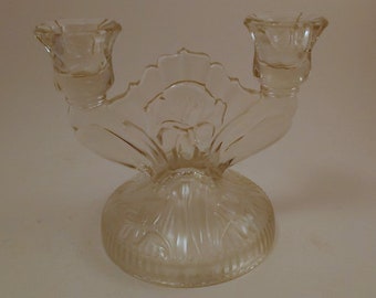 Vintage Candle Holder, Clear Glass 2 Arm Candelabra, Pressed Glass Candlestick, Jeanette Glass, Iris and Herringbone, 6'' wide, 2 Pieces