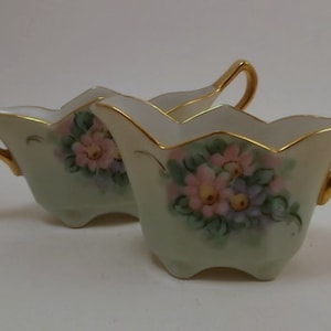Vintage Cream and Sugar, Hand Painted Green Porcelain China with Pink and Yellow Floral, Gold Accents
