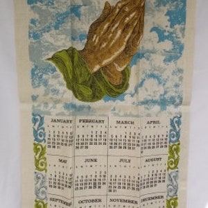 Vintage Dish Towel, Wheat Linen with Praying Hands Motif, Calendar Towel, 1978 Towel, 27 1/2 x 16 1/2