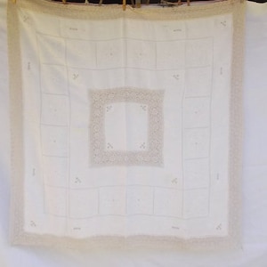 Vintage Tablecloth, Beige Linen with Beige Crochet Edges, Cut Work and Embroidery, 46 x 46
