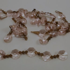 Vintage Chandelier Crystals, Pink Glass, 5 Part Dangle, 4-2 Hole and 1-1 Hole 1/2&#39;&#39; Pink Octagon Crystal,  4 7/8&#39;&#39; total, 8 Pieces