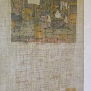 Vintage Dish Towel, Linen Calendar Towel, 1969 Towel, Pioneer Cheese Making, 25.75x17