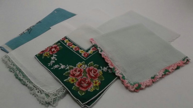 6 Pieces Assorted Hankies in Greens Vintage Ladies Handkerchiefs