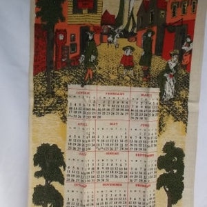 Vintage Dish Towel, Wheat Linen with Colonial Motif, Calendar Towel, 1971 Towel, 28 x16 1/2, yellowing on edge
