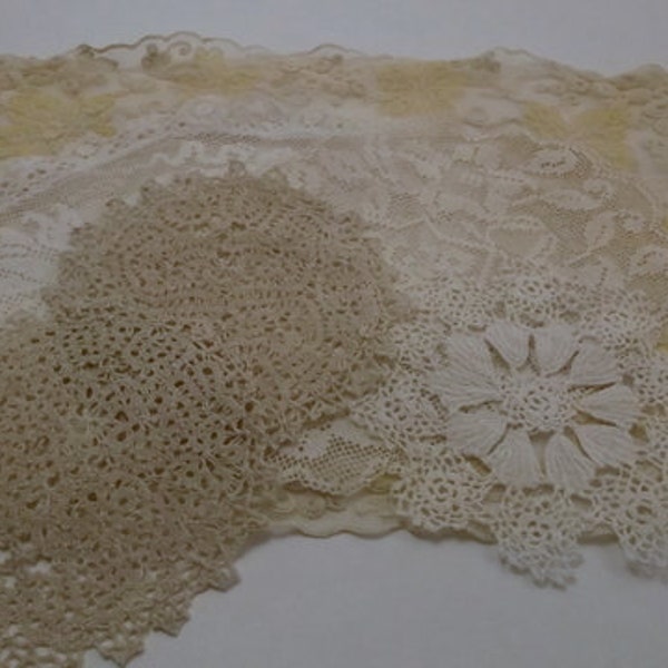 Vintage Doilies, White, Ecru, Taupe, Yellow and Beige, Delicate Nylon and Cotton Laces, 6 Pieces