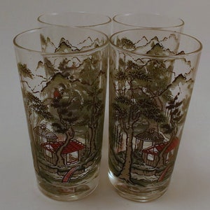 Vintage Glass Tumblers, Asian Scene, Libbey, 4 Pieces