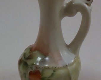 Vintage Small China Pitcher, Hand Painted, Pale Green China with Strawberries and Gold Accents, 4 3/4''