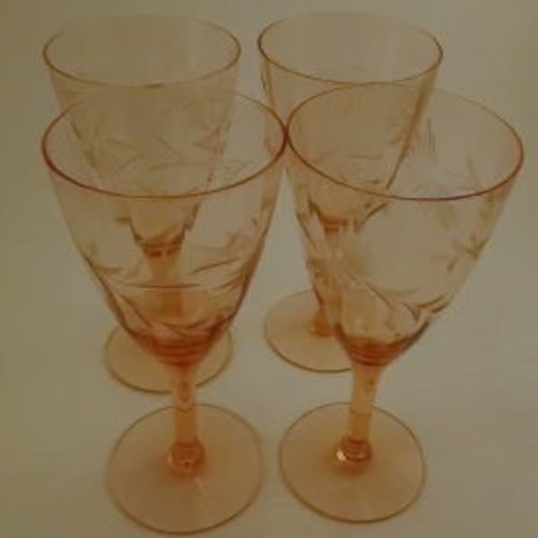 Vintage Goblets, Pink Depression Glass Stemware, Pink Wine Glasses, Paneled with a Cut/Etched Pattern, 4 Pieces, 6 7/8'' tall