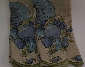 Vintage Dish Towels, Wheat Colored Linen with Scalloped Edge, Blue and Avocado Green Cornucopia Print, 26 1/2 x 15 1/2, 2 Pieces