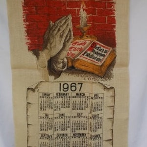 Vintage Dish Towel, Beige Linen with The Lord is My Shepherd, Calendar Towel, 1967 Towel, 28x16.75, discolor at top