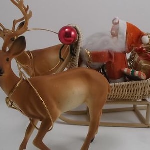 Vintage Christmas Sleigh, Wicker Sleigh with Presents with Santa and 2 Reindeer, Plastic Deer 7 1/2”, Sleigh 8”x4”, Santa Sitting 4 1/2”