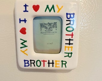 Vtg I Love My Brother Magnetic Picture Frame 3" X 3.5" Ceramic Crayon Lettering