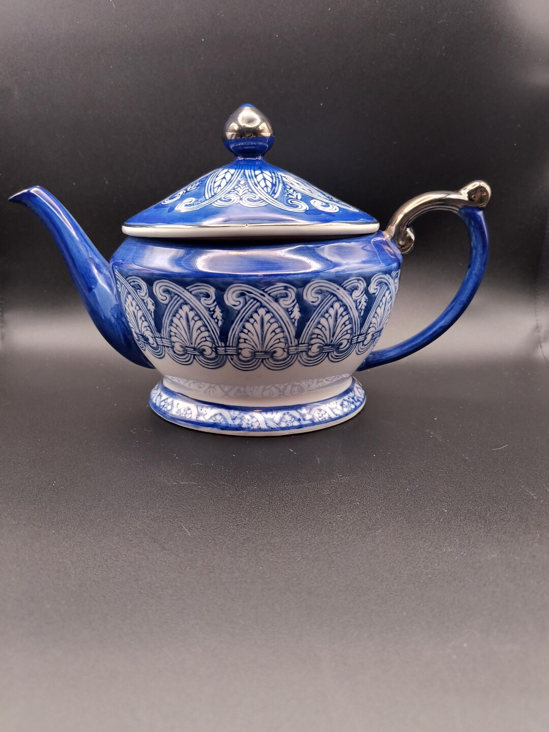 VINTAGE Bloom-rite Cobalt Blue and White China Tea Pot W/ Silver Trim ...