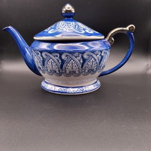 VINTAGE Bloom-Rite Cobalt Blue and White China Tea Pot w/ Silver Trim