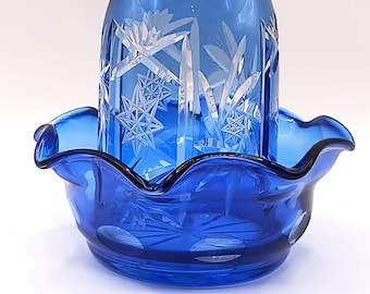 Antique Cobalt Blue Cut To Clear Bohemian Czech Glass Fairy Lamp
