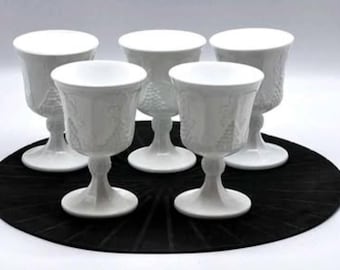 Vintage Milk Glass Goblets (Set of 5): Harvest Grape Pattern